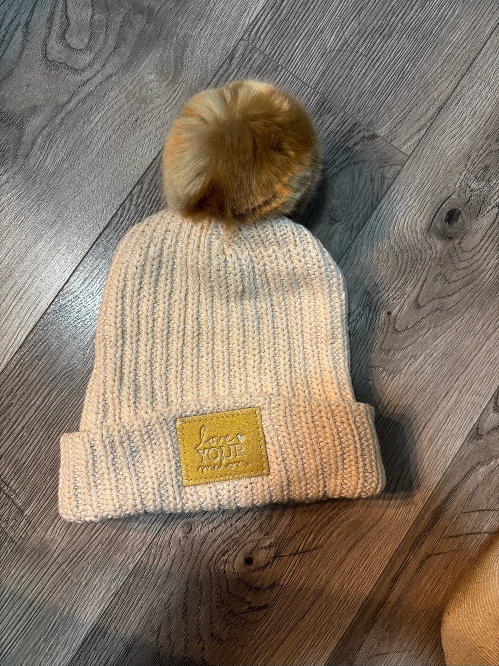 Love Your Melon Kids Cream Knit Beanie with Brown Faux Fur Pom